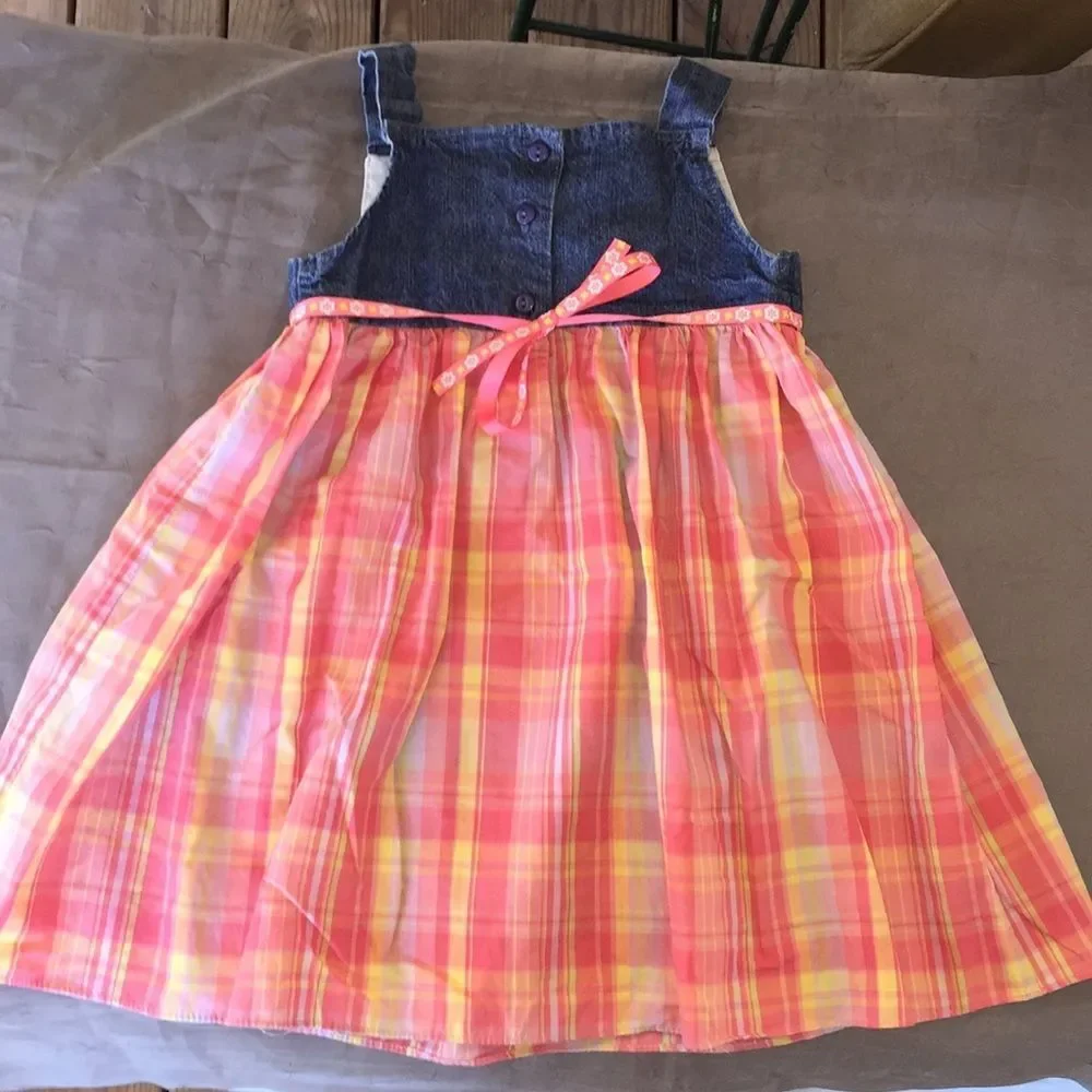 Jumper Dress by Youngland Sz 3T Denim Plaid Spring Summer Blue Coral
